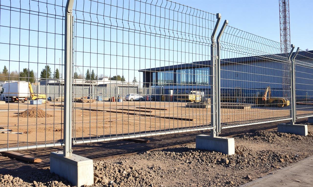 Byggstaket med betongfötter runt arbetsplats