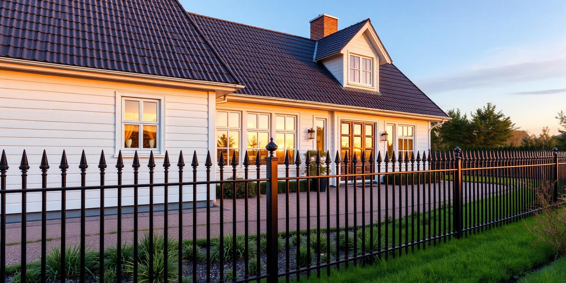 Vacker villa med svart smidesstaket i kvällsljus